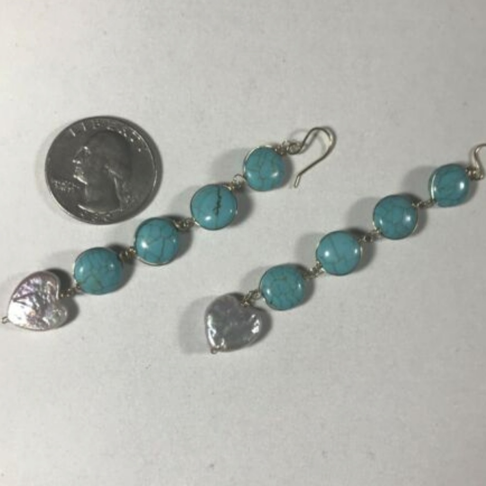 Turquoise and Perl Dangling Earrings Gold Filled - Picture 2 of 6